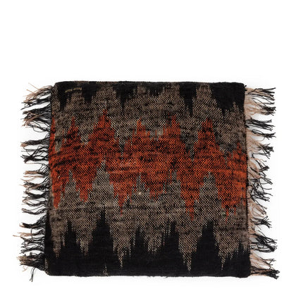 Housse de coussin rectangulaire en coton noir et orange à motifs géométriques avec franges