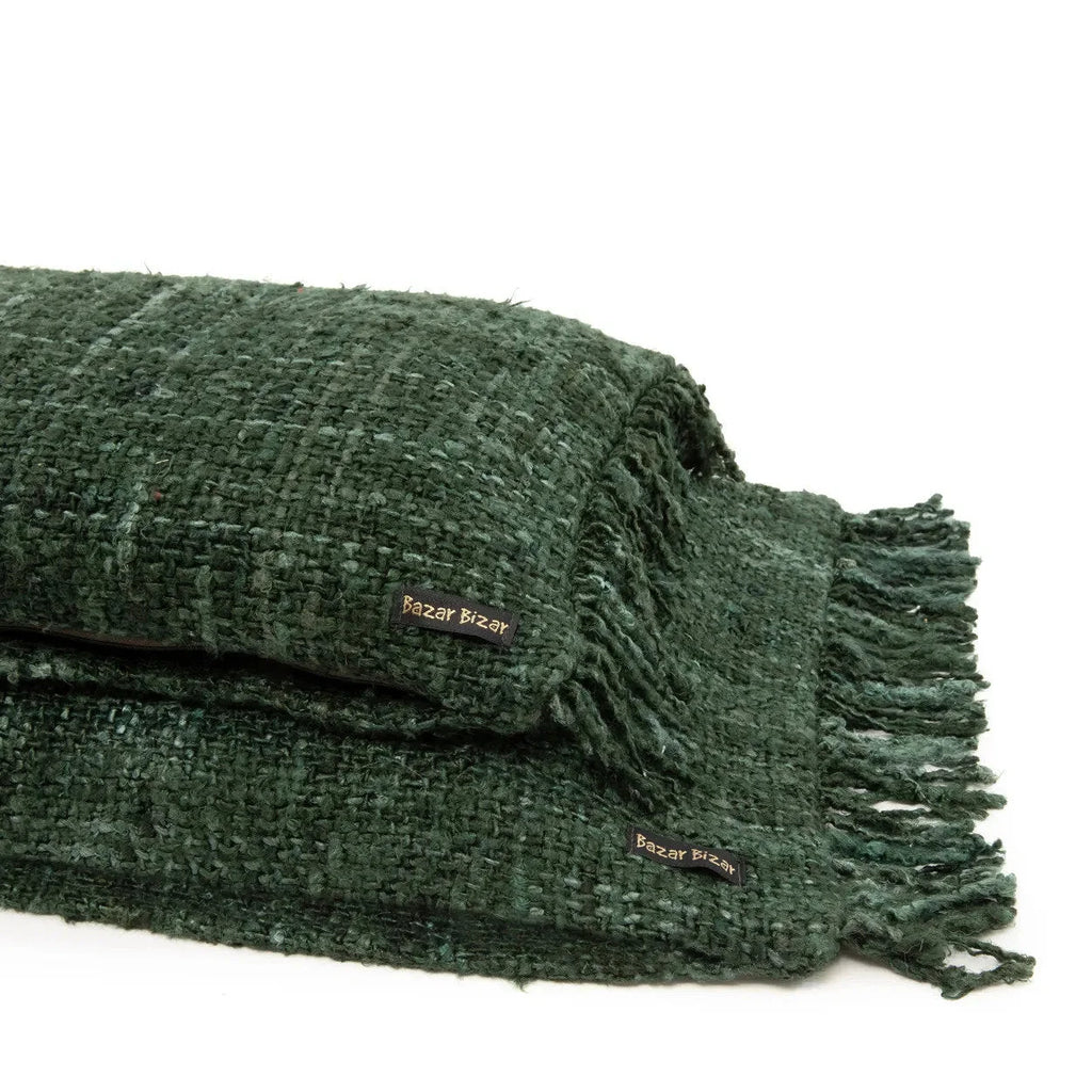 Plaid en coton vert foncé texturé avec franges pour Housse de coussin rectangulaire