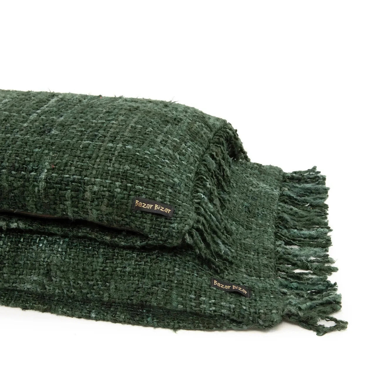 Plaid en coton vert foncé texturé avec franges pour Housse de coussin rectangulaire