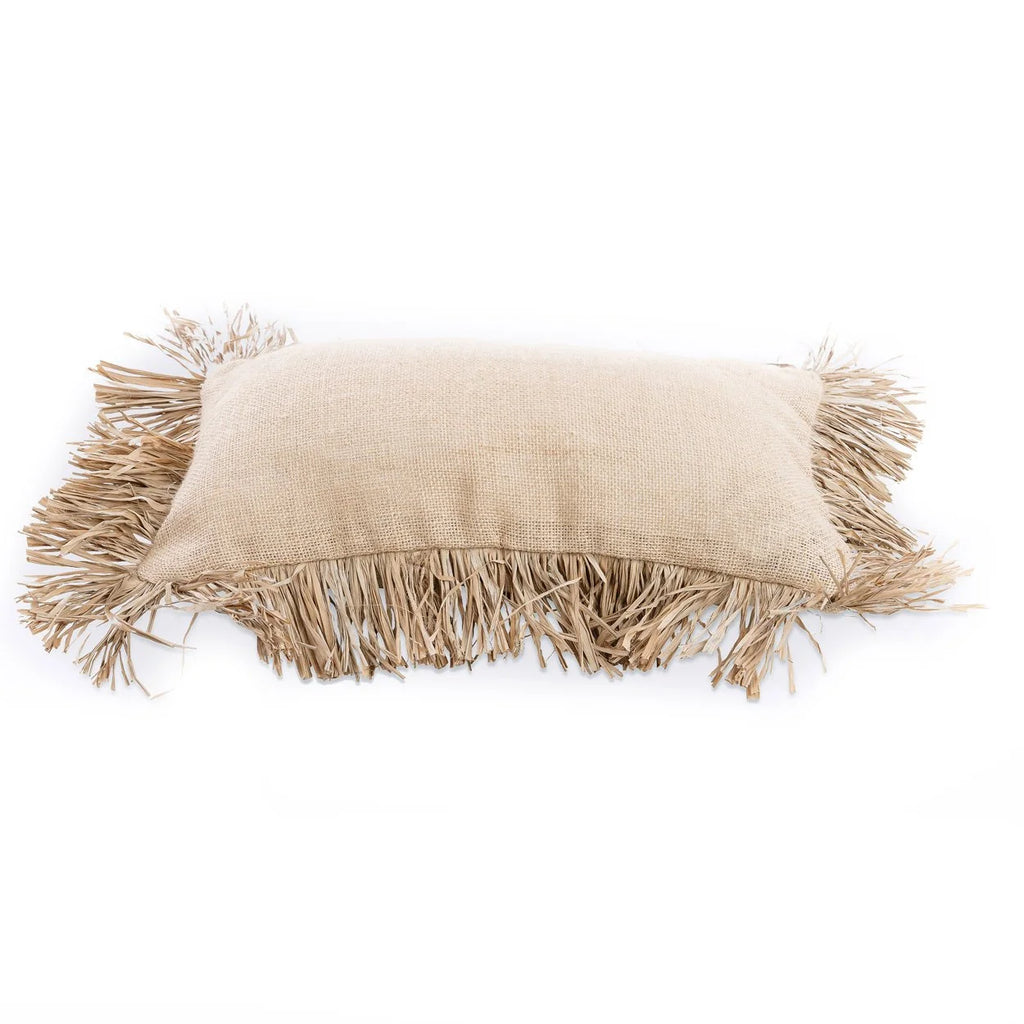 Oreiller rectangulaire en jute beige avec franges décoratives pour décoration intérieure