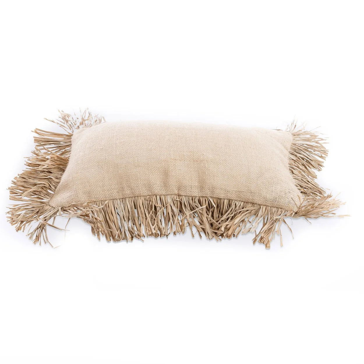 Oreiller rectangulaire en jute beige avec franges décoratives pour décoration intérieure