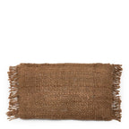 Housse de coussin rectangulaire marron en coton avec tissu en toile de jute à franges