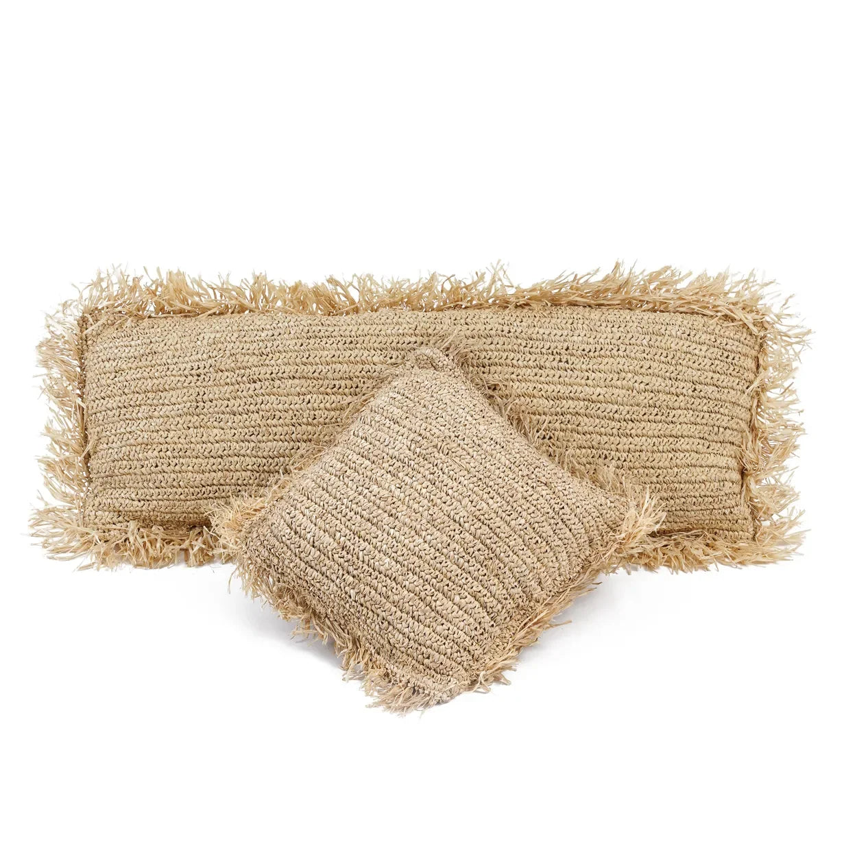Deux coussins en raphia naturel avec franges, rectangulaires, 35x100 cm