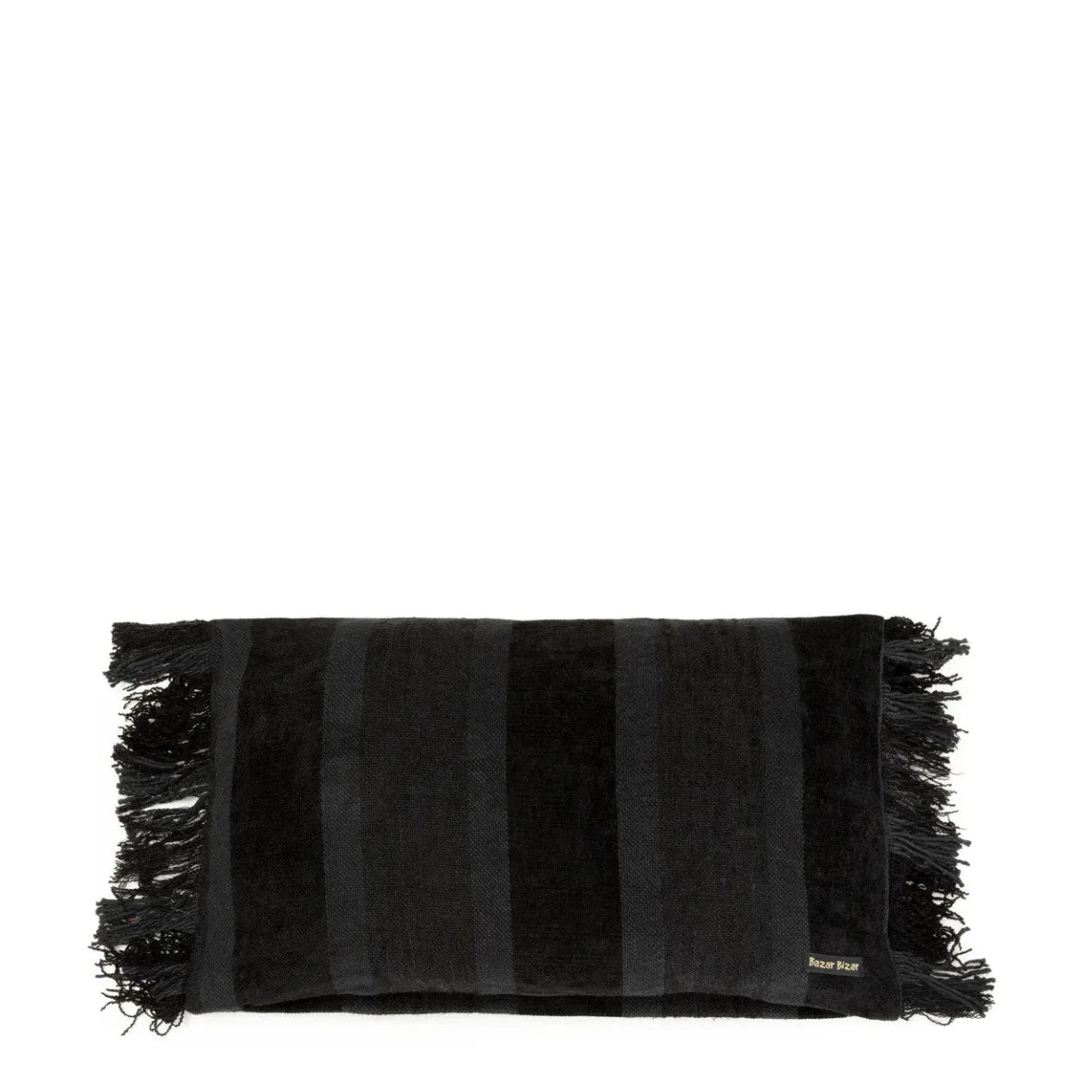 Housse de coussin rectangulaire rayé en velours noir à franges – 30x50 cm