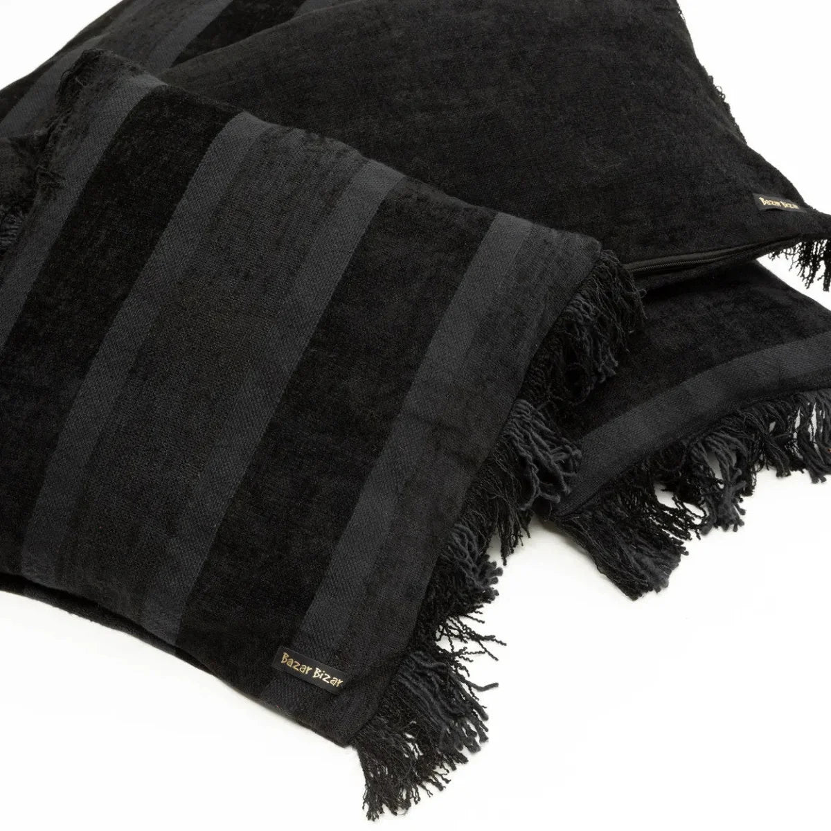Housse de coussin rectangulaire rayé en velours noir à franges – 30x50 cm