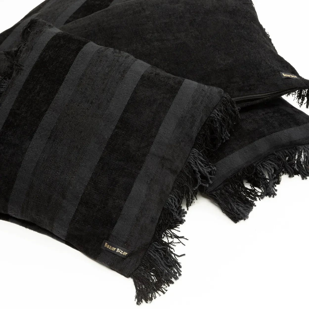 Coussin rectangulaire en velours noir à rayures et franges, 30x50 cm