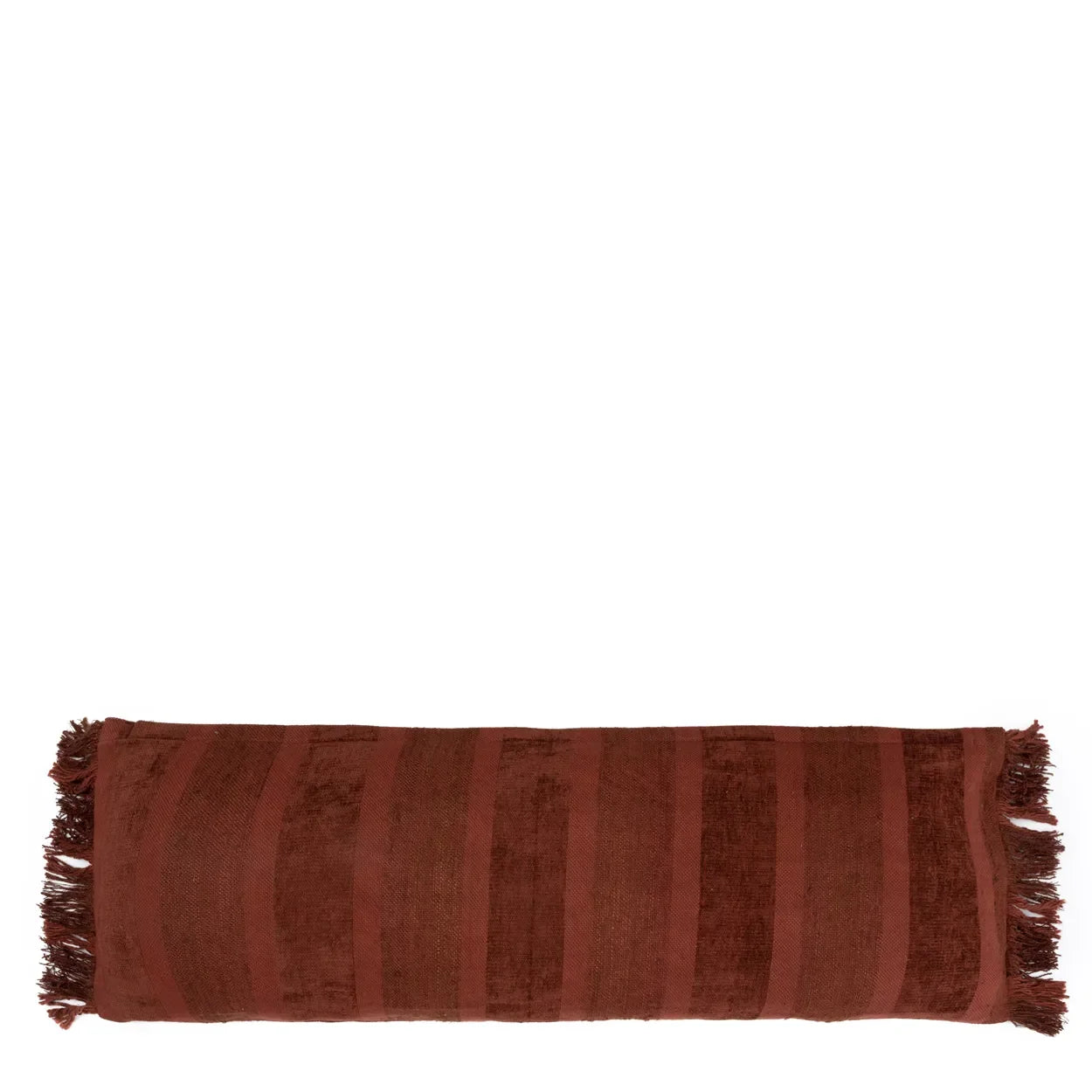Housse de coussin rectangulaire en velours bordeaux avec franges et rabats marrons à rayures