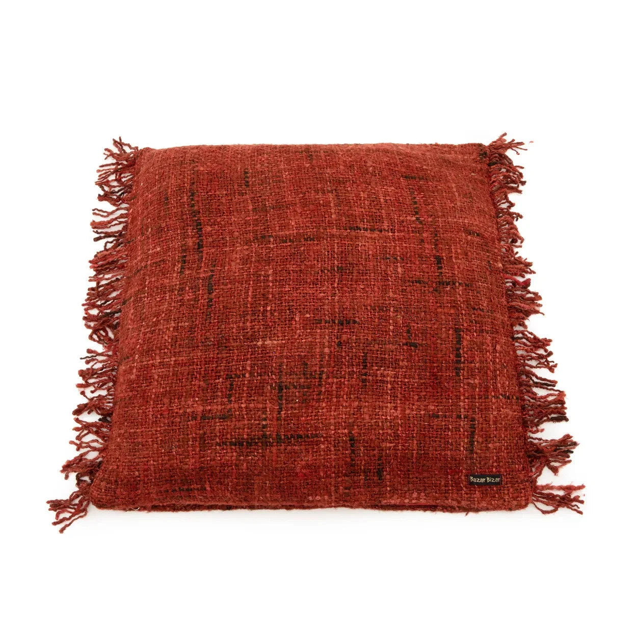 Coussin rectangulaire en coton rouge cerise avec franges, 60x60 cm