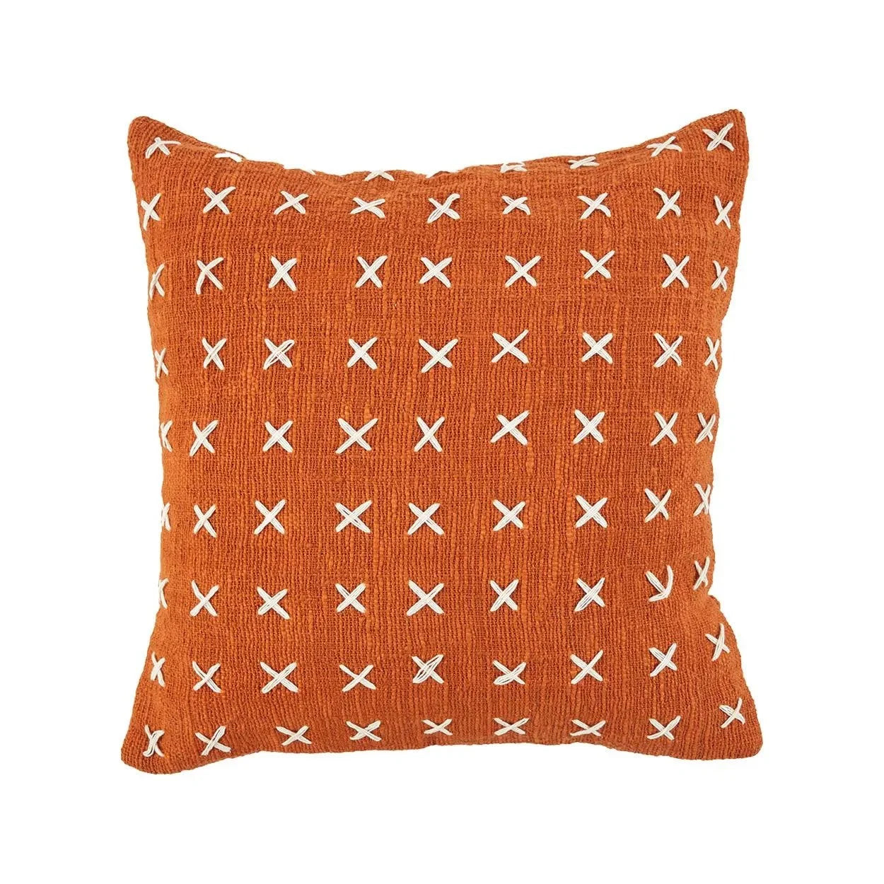 Housse de coussin terracotta brodée en coton avec motifs croix blanches 50x50 cm