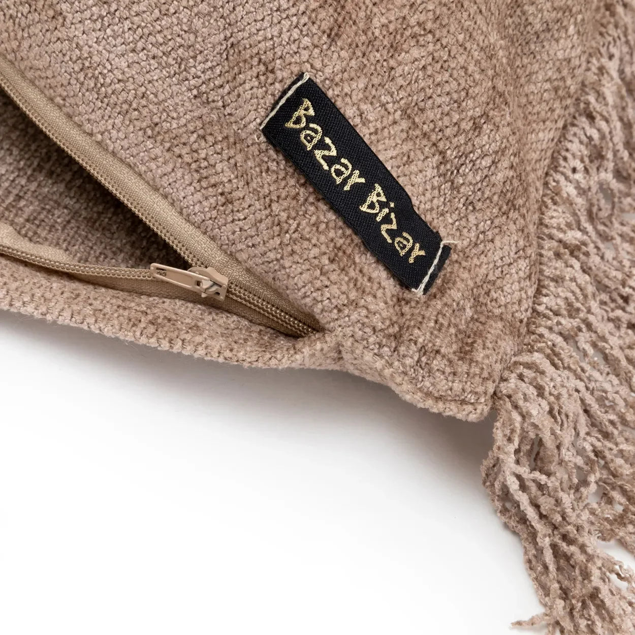 Housse de coussin en velours béton beige avec franges et fermeture éclair 100x35 cm
