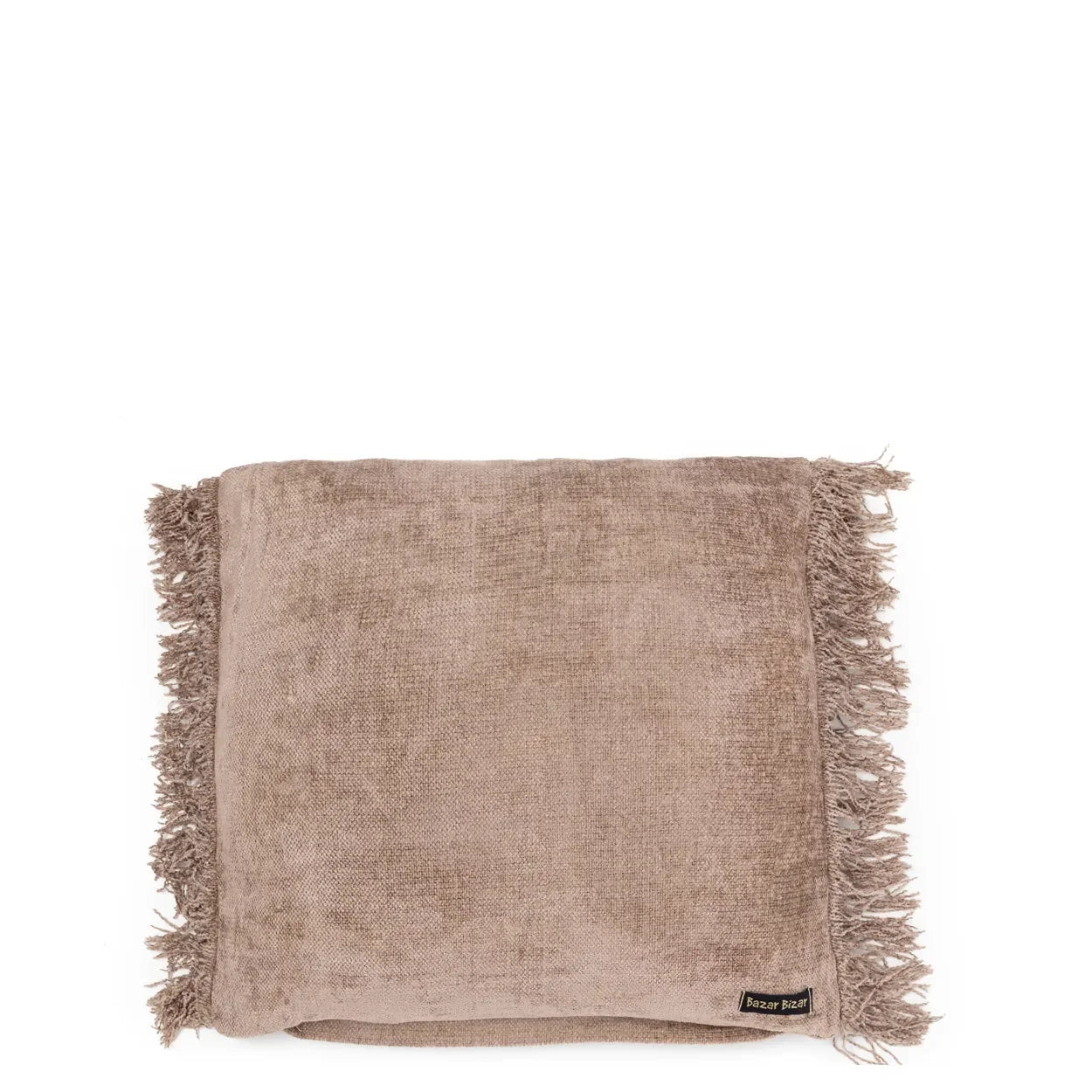 Coussin en velours taupe avec franges pour décoration intérieure 40x40 cm