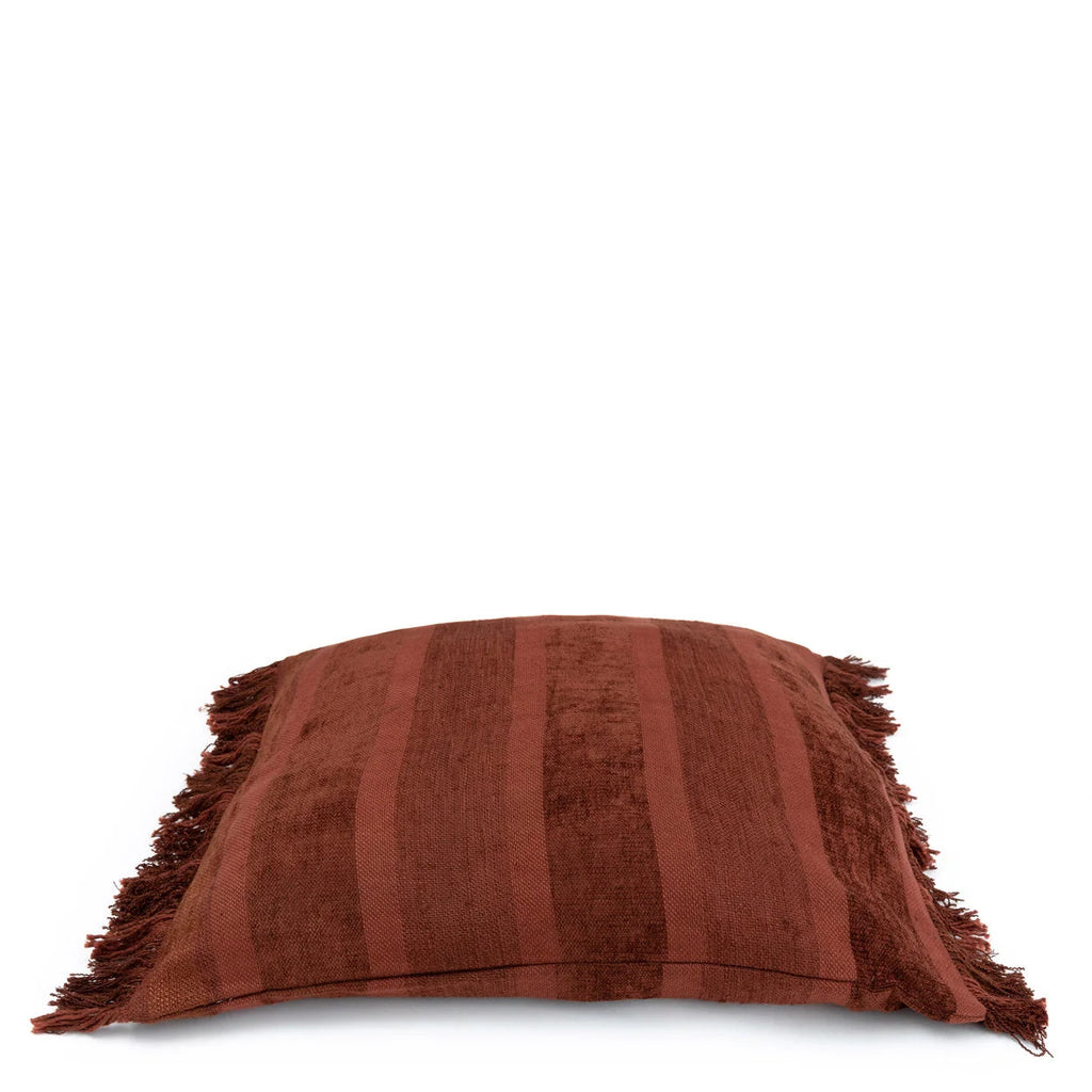 Housse de coussin en velours bordeaux rayé à franges– 60x60 cm