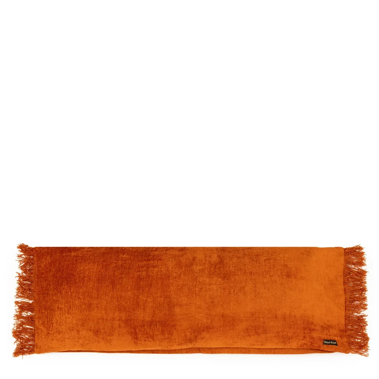 Coussin en velours rouille avec franges oranges de 35x100 cm rectangulaire