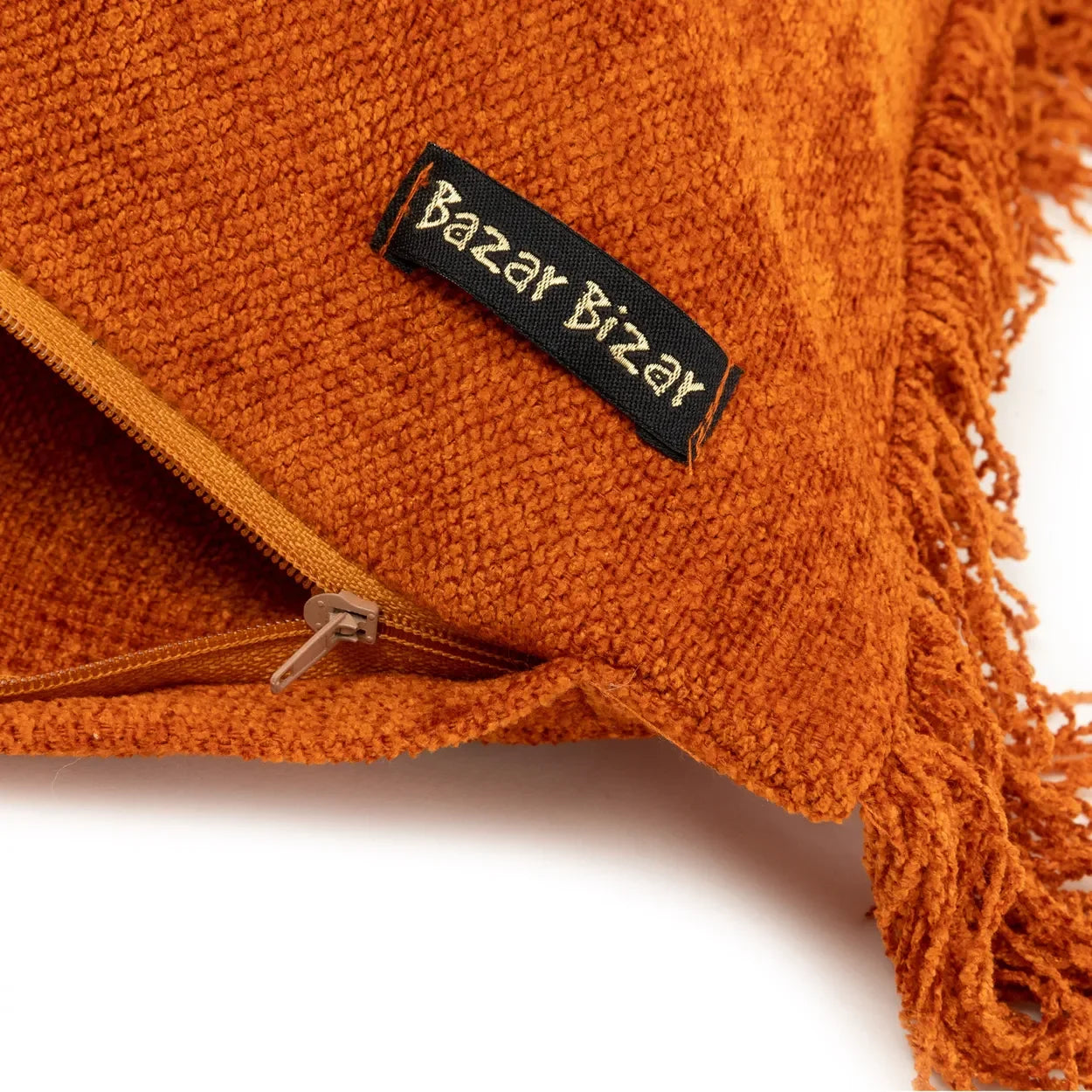 Coussin velours rouille avec franges orange et fermeture éclair, 35x100 cm rectangulaire