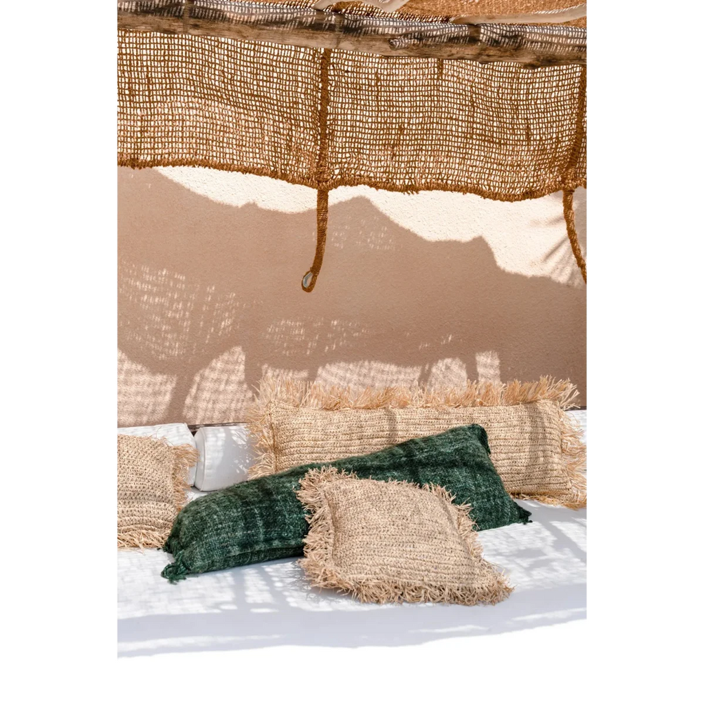 Assortiment de coussins en jute et velours vert forêt avec franges, 35x100 cm