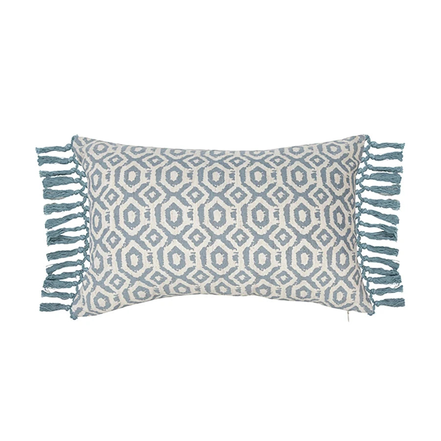 Variante 5 de la housse de coussin bleu géométrique avec franges et motifs bohèmes