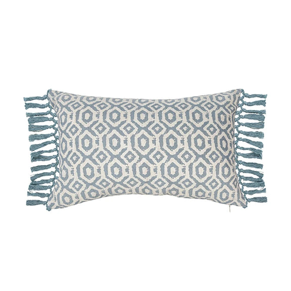 Variante 5 de la housse de coussin bleu géométrique avec franges et motifs bohèmes
