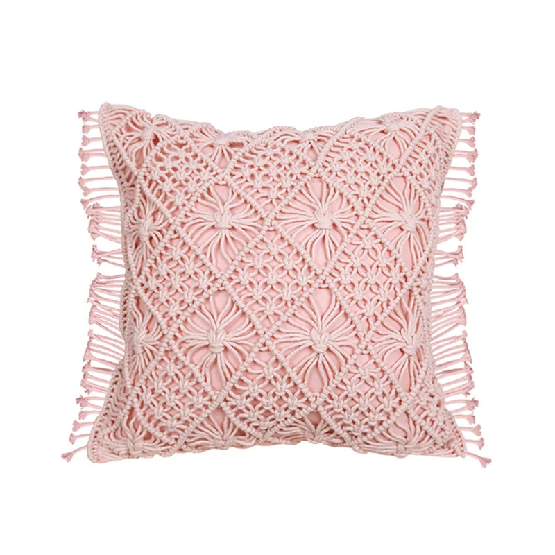 Housse de coussin macramé carré rose