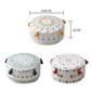Illustration des dimensions de la housse de pouf rond (45 cm de diamètre, 20 cm de hauteur) avec différentes variantes de motifs.