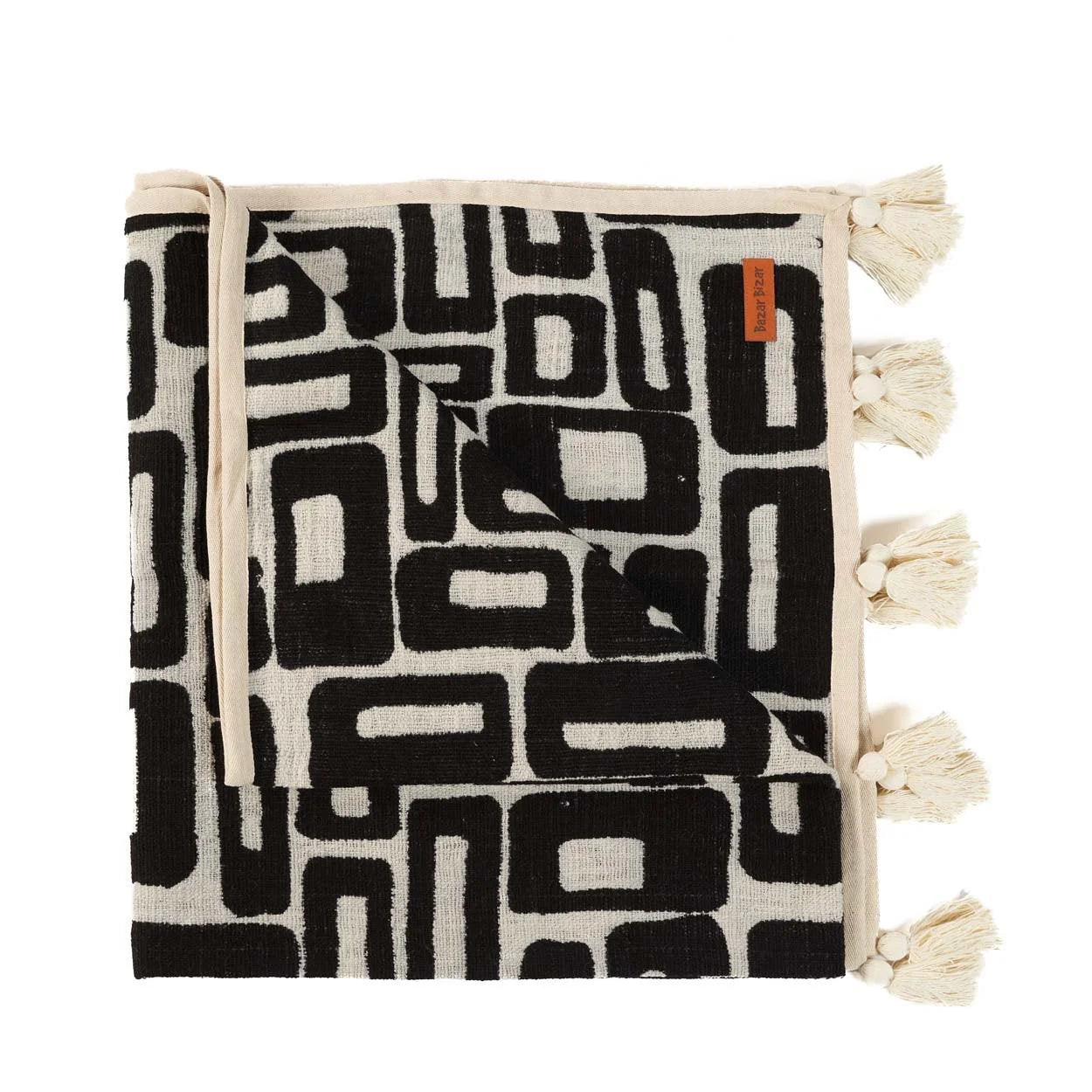 Jeté de lit en coton motif aztèque noir naturel 240x128