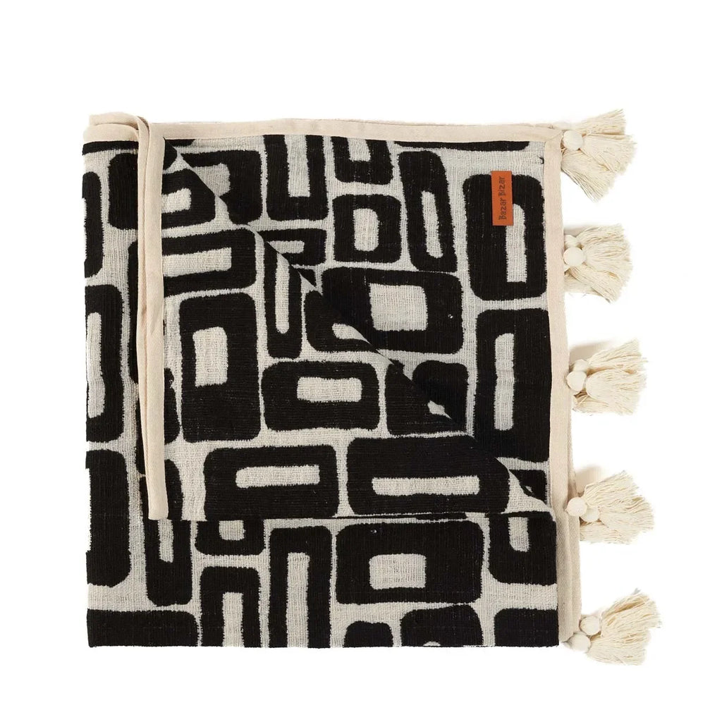 Jeté de lit en coton motif aztèque noir naturel avec franges, décoration élégante