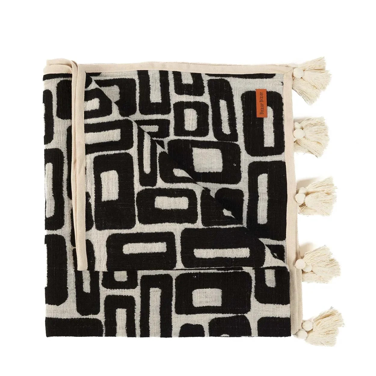 Jeté de lit en coton motif aztèque noir naturel avec franges, décoration élégante