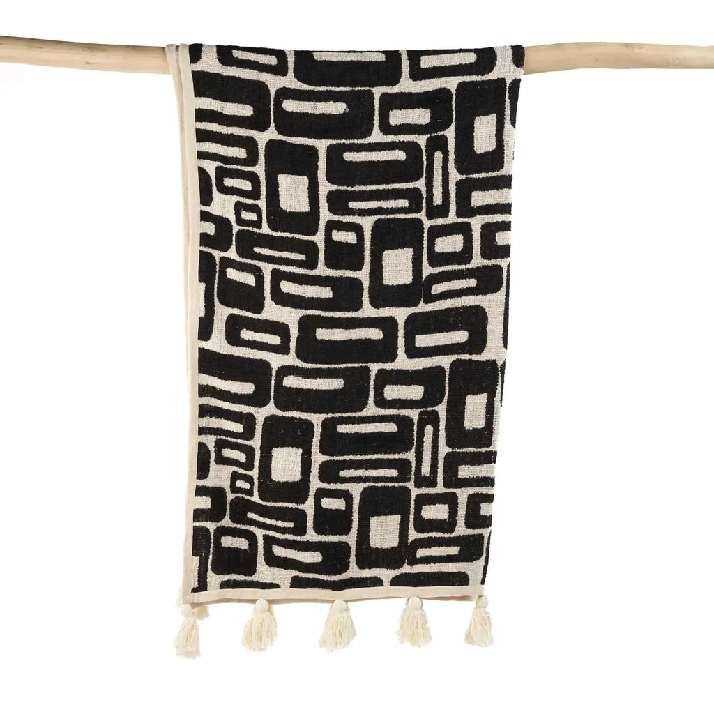 Jeté de lit en coton motif aztèque noir naturel avec tassels, design élégant et moderne