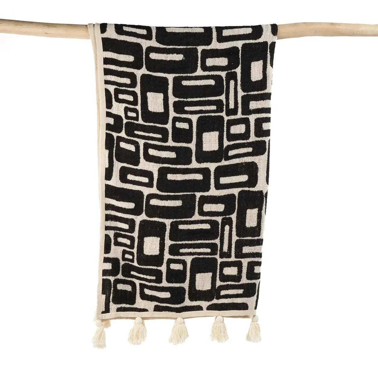 Jeté de lit en coton motif aztèque noir naturel avec tassels, design élégant et moderne