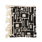 Jeté de lit en coton motif aztèque noir naturel avec franges, décoration élégante