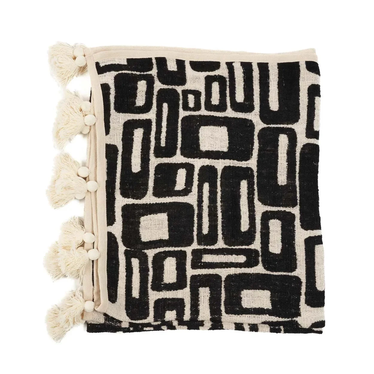 Jeté de lit en coton motif aztèque noir naturel avec franges, décoration élégante