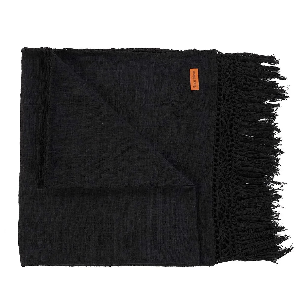 Couverture en coton noir à franges pour un jeté de lit confortable 260x122 cm