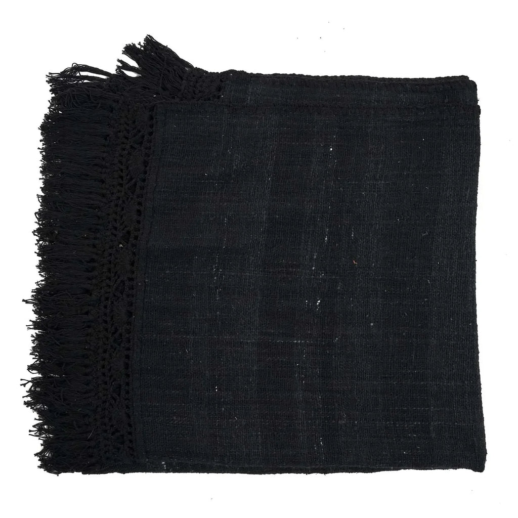 Jeté de lit en coton noir 260x122 cm avec tissage et franges confortables
