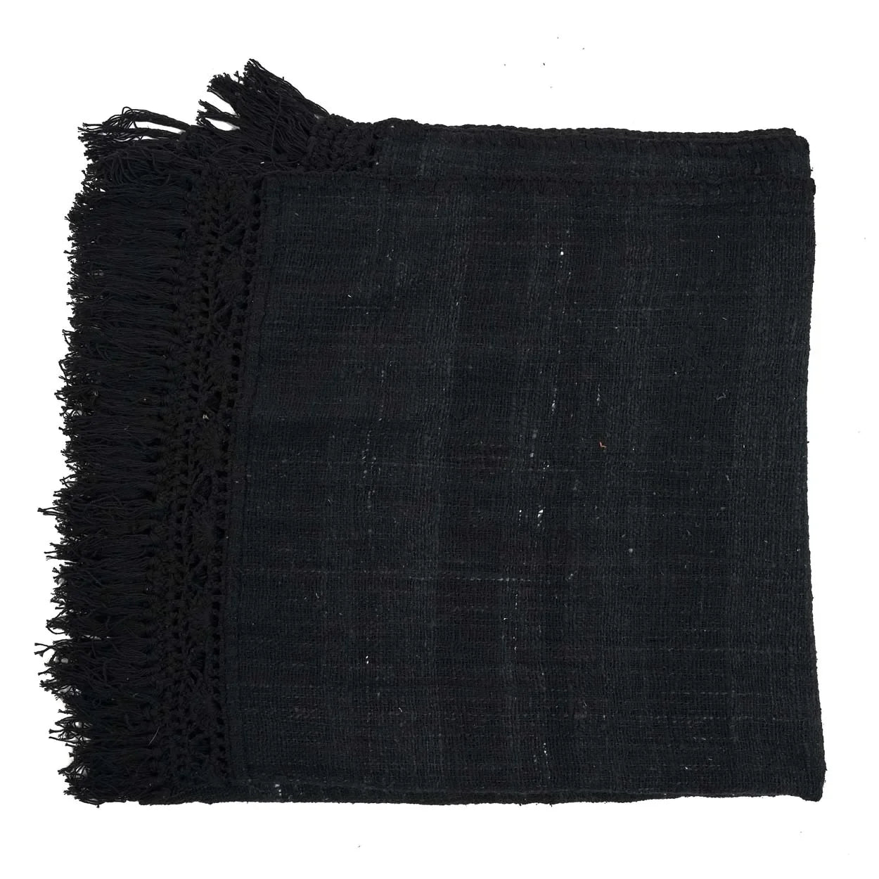 Jeté de lit en coton noir 260x122 cm avec tissage et franges confortables