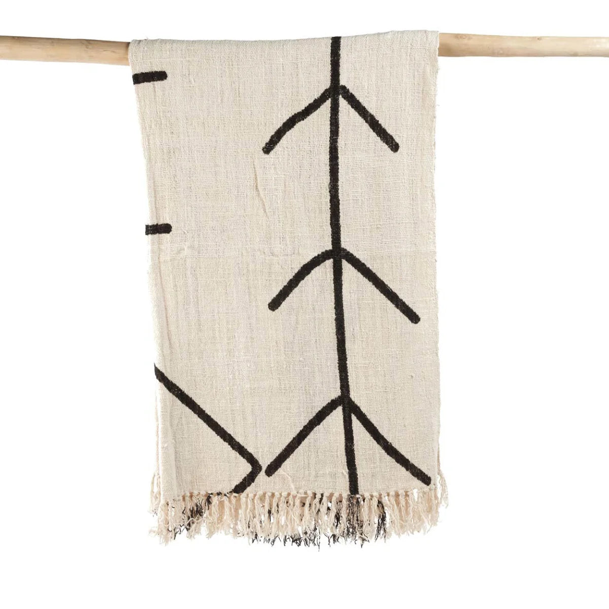 Jeté de lit en coton noir naturel motif œil protecteur et franges