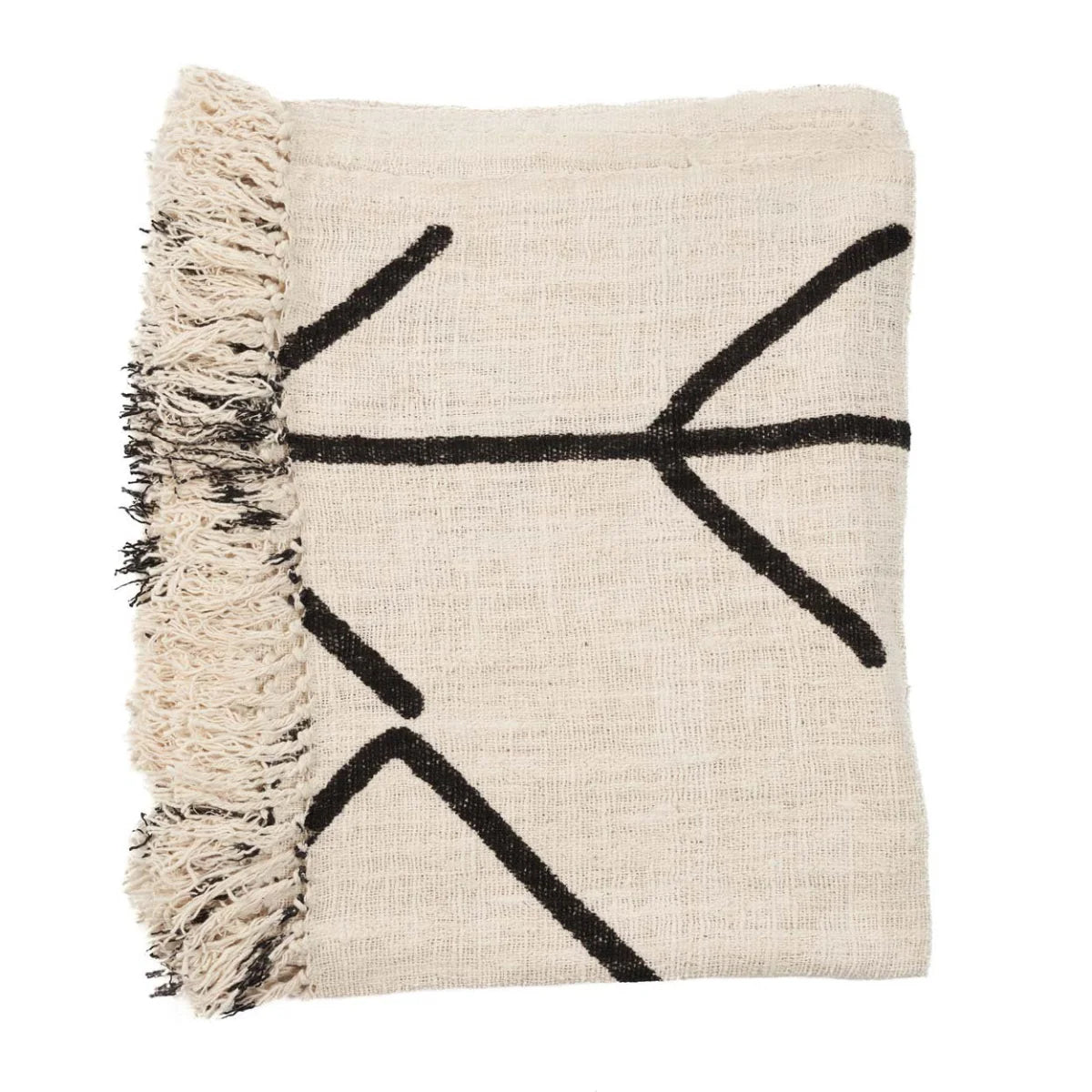 Jeté de lit en coton noir naturel motif œil protecteur et franges