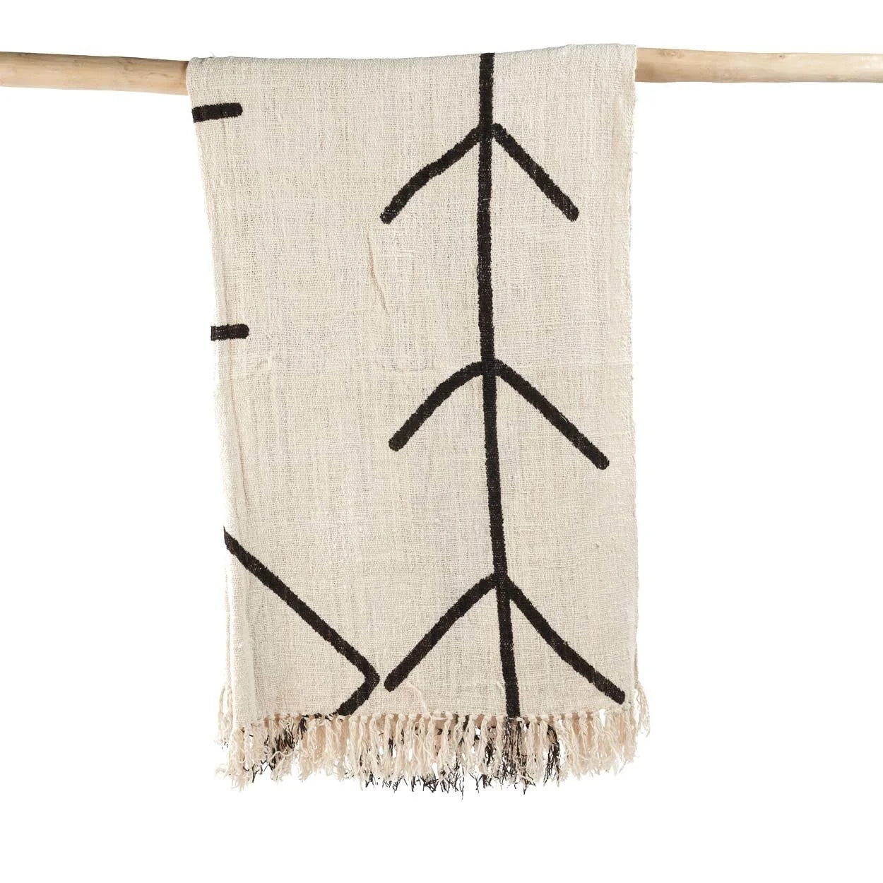 Jeté de lit en coton naturel beige avec motif œil protecteur noir et franges