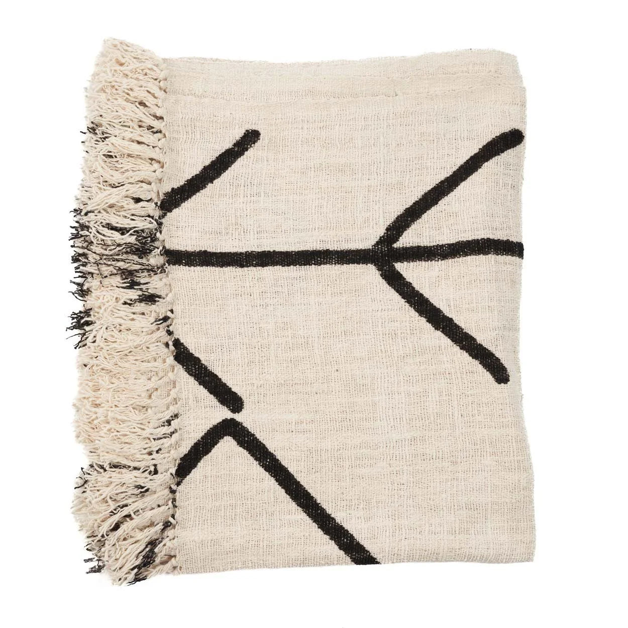 Jeté de lit en coton noir naturel avec motif œil protecteur, franges et bleu crème