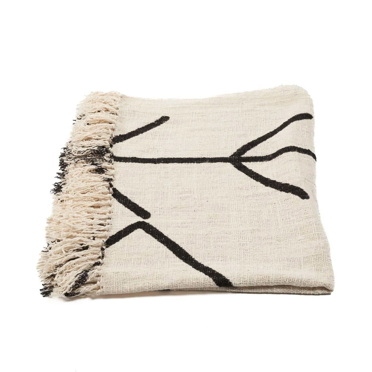 Jeté de lit en coton noir naturel avec motif œil protecteur et franges