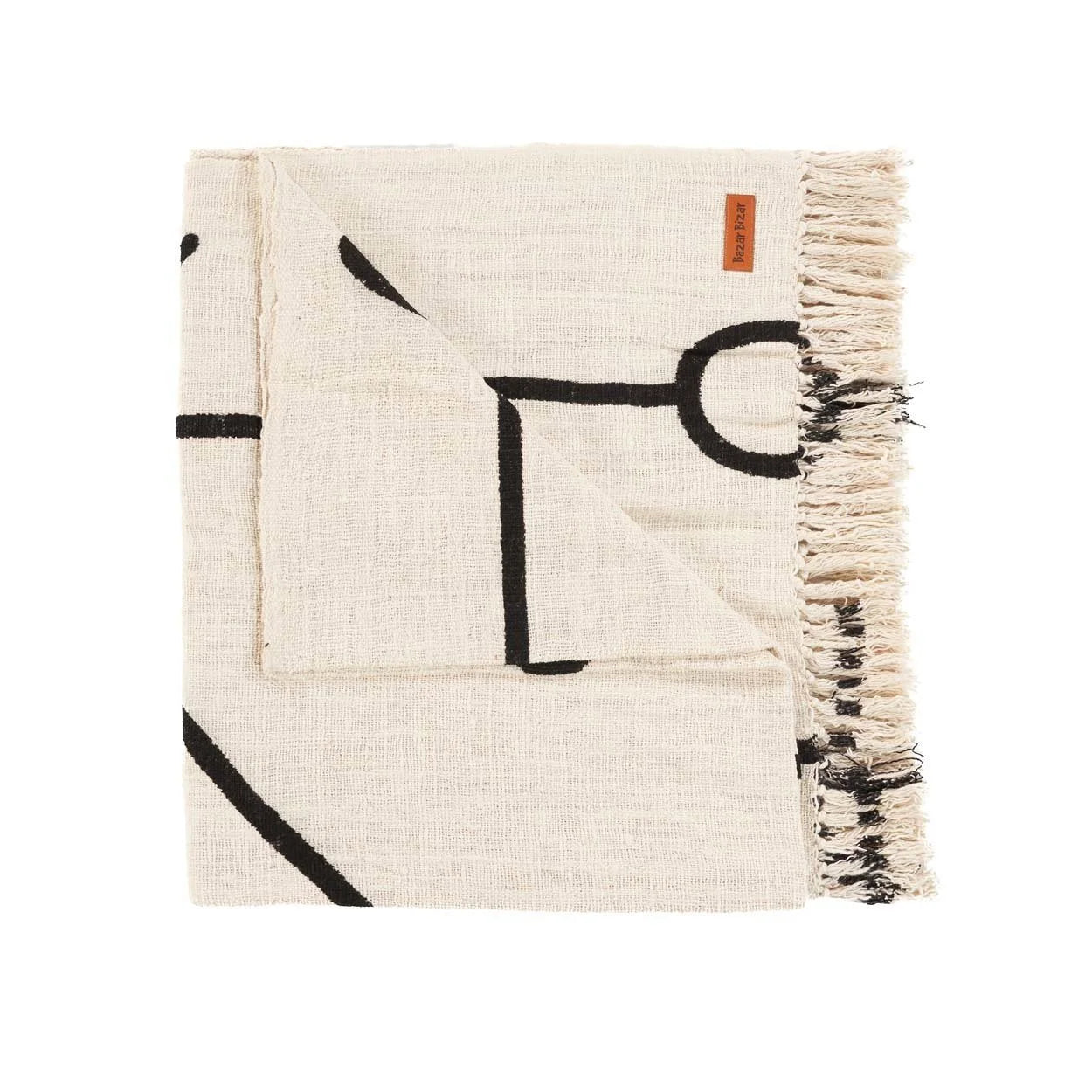 Jeté de lit en coton noir naturel avec motif œil protecteur et franges