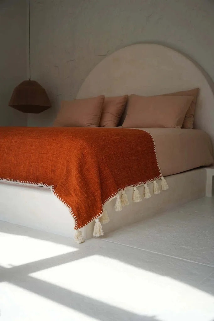 Jeté de lit Stitch Terre Cuite avec housses orange à franges pour chambre chaleureuse