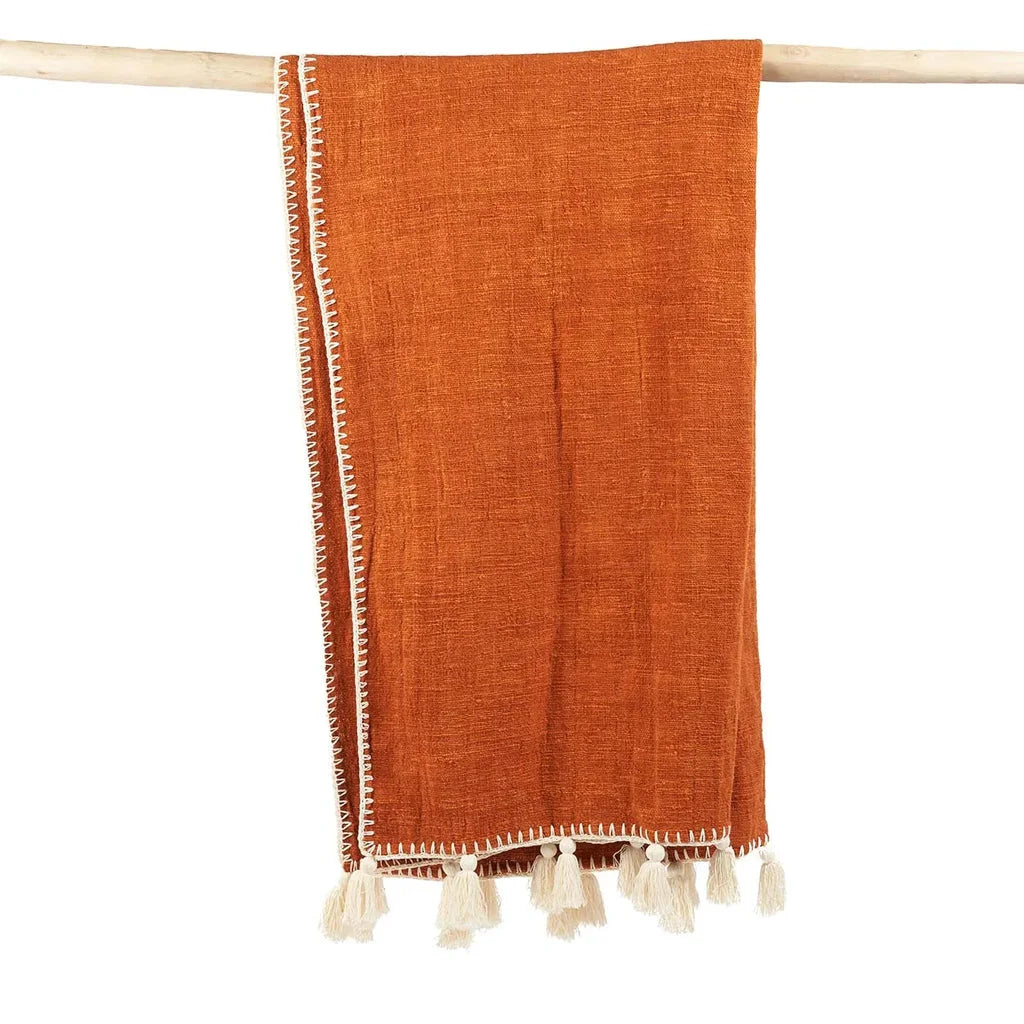 Plaid orange en coton avec franges, Le jeté de lit Stitch Terre cuite