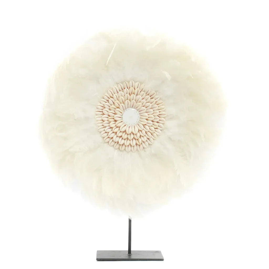 Disque décoratif en plume et coquillage sur support pour Le Juju côtier Blanc S_40