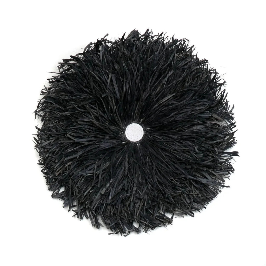 Coussin décoratif noir à plumes avec bouton blanc central, diamètre 50 cm