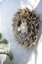 Décoration murale en plumes et coquillages gris brun diamètre 60 cm