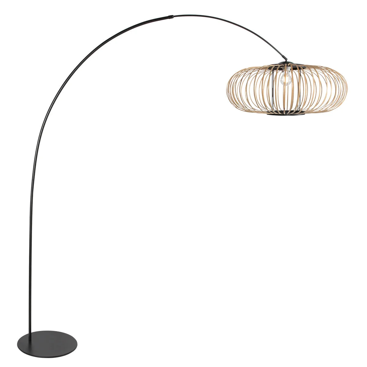 Lampadaire à arc en métal noir avec abat-jour ajouré effet rotin naturel H190 cm