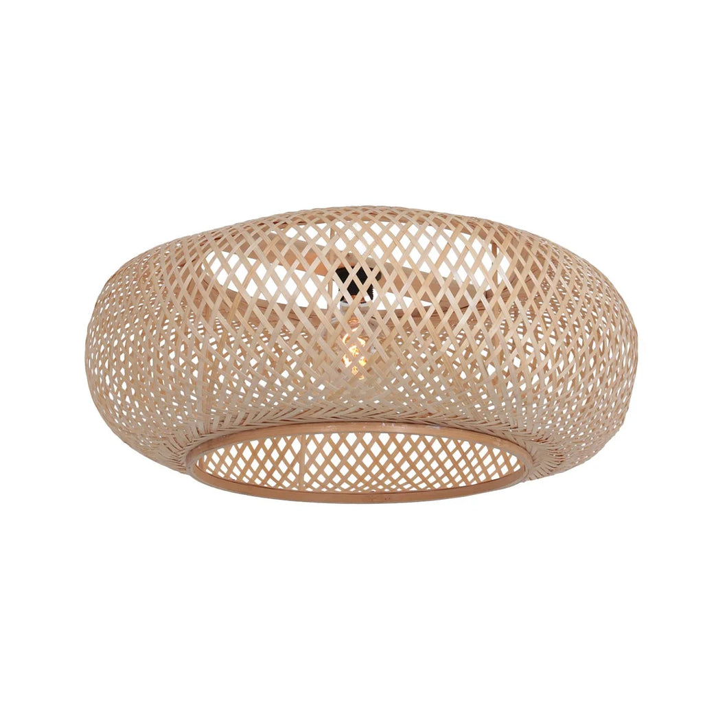 Lampe arc en fibres naturelles ajourées blanc et paille H180 cm en rotin beige tressé motif diamant