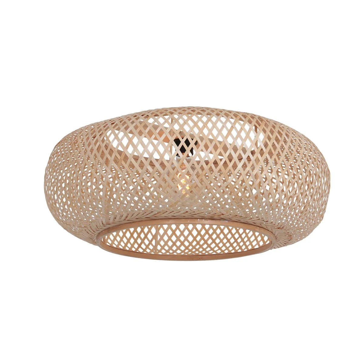 Lampe arc en fibres naturelles ajourées blanc et paille H180 cm en rotin beige tressé motif diamant