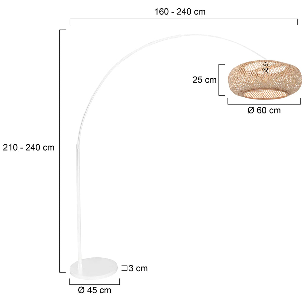 Lampadaire arc moderne en métal blanc et abat-jour en ronce de palmier H180 cm