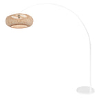 Lampadaire arc moderne blanc et paille en fibres naturelles ajourées, H180 cm