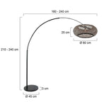 Lampadaire arc en métal noir bronze avec abat-jour rond et mesh, H240 cm
